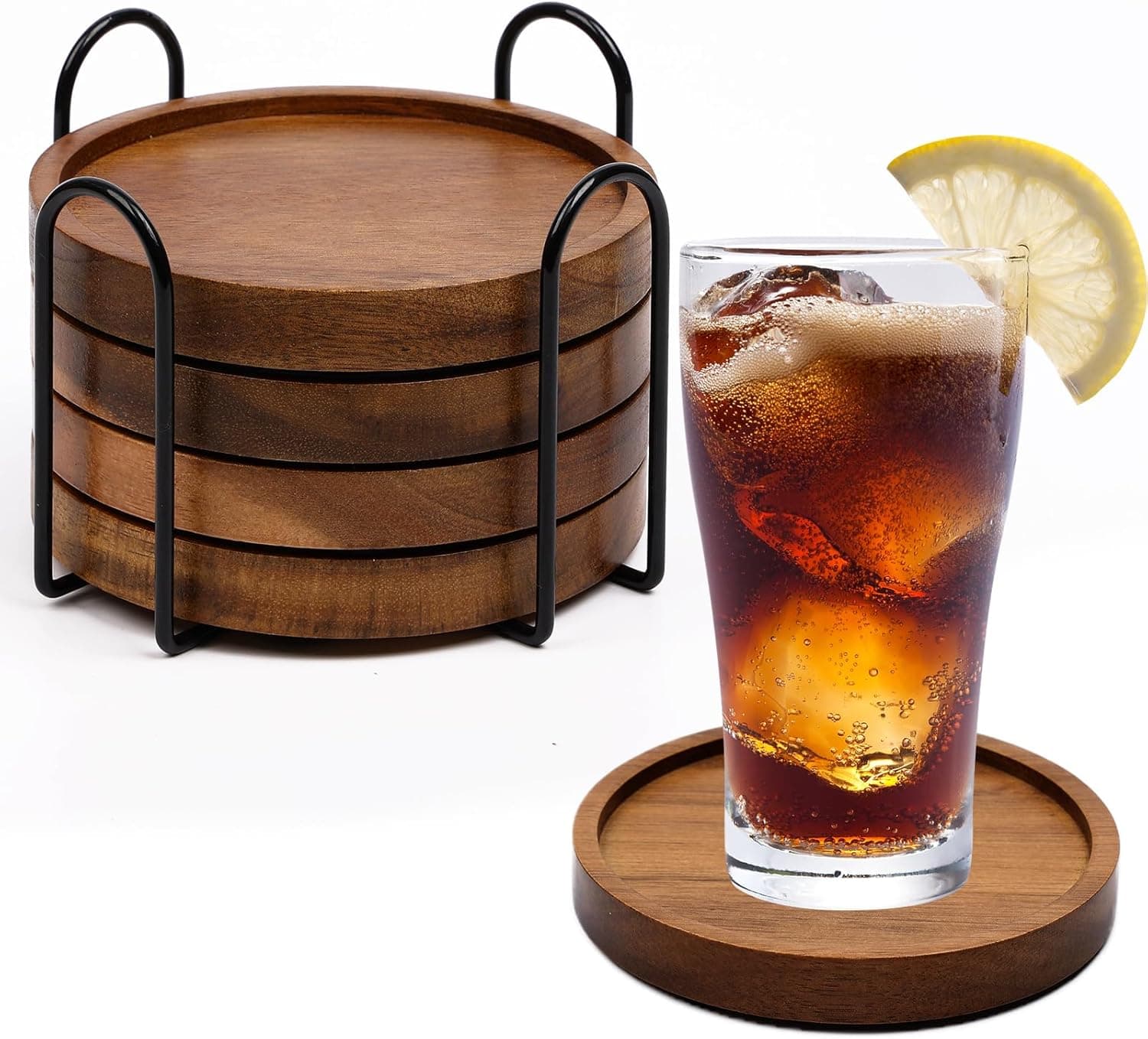 Wood Coasters with Holder, 4-pack