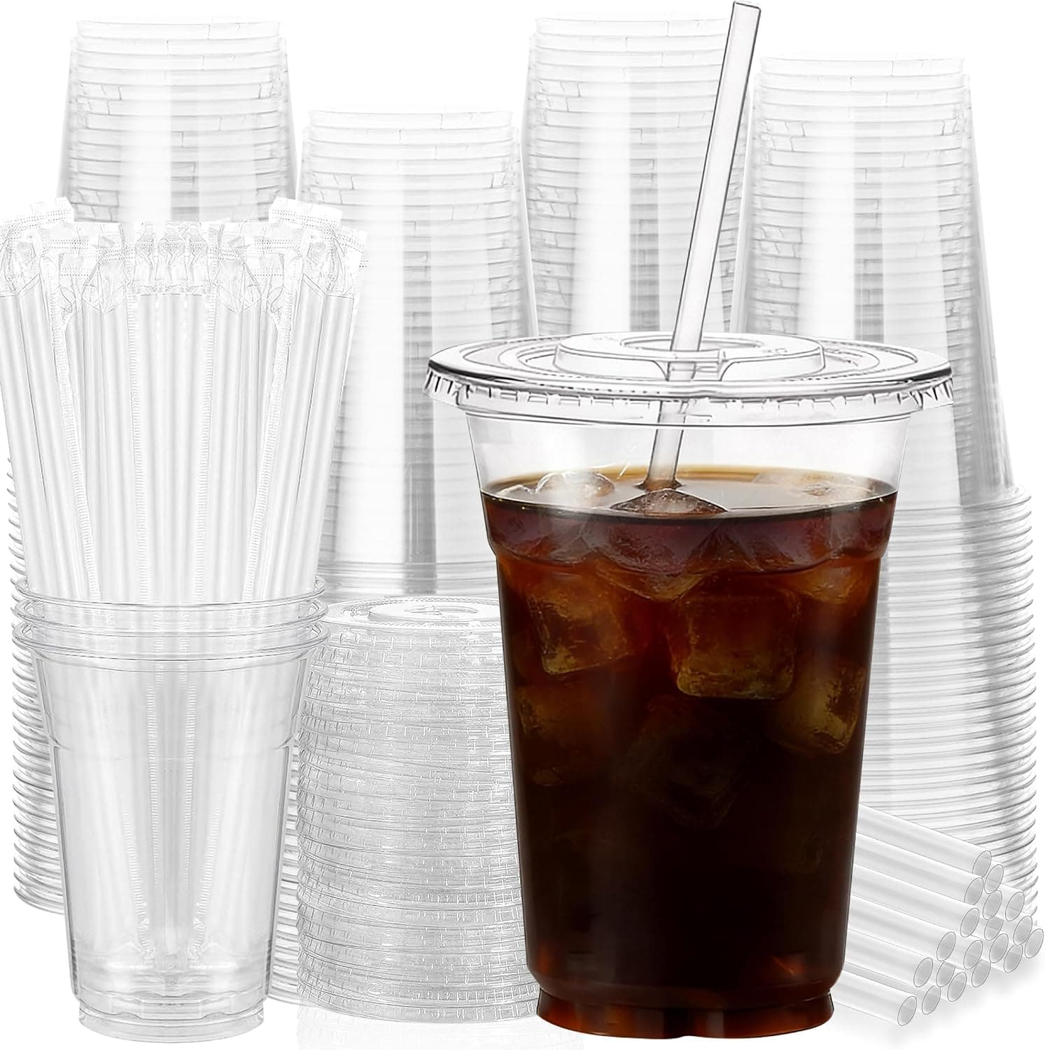 Leak-Proof 16 oz Cups with Lids & Straws, 100 pack